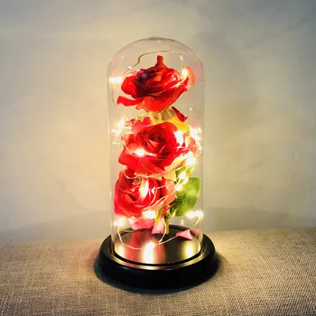 

Birthday Gift Beauty and The Beast Red Rose W/ Fallen Petals In A Glass Dome on A Wooden Base for Christmas Valentine's Gifts