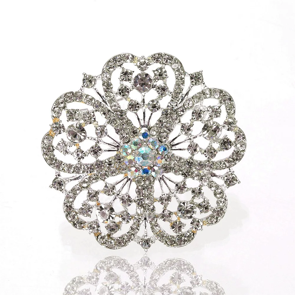 Sparkly Silver Plated Clear Rhinestone Crystal Flower ...