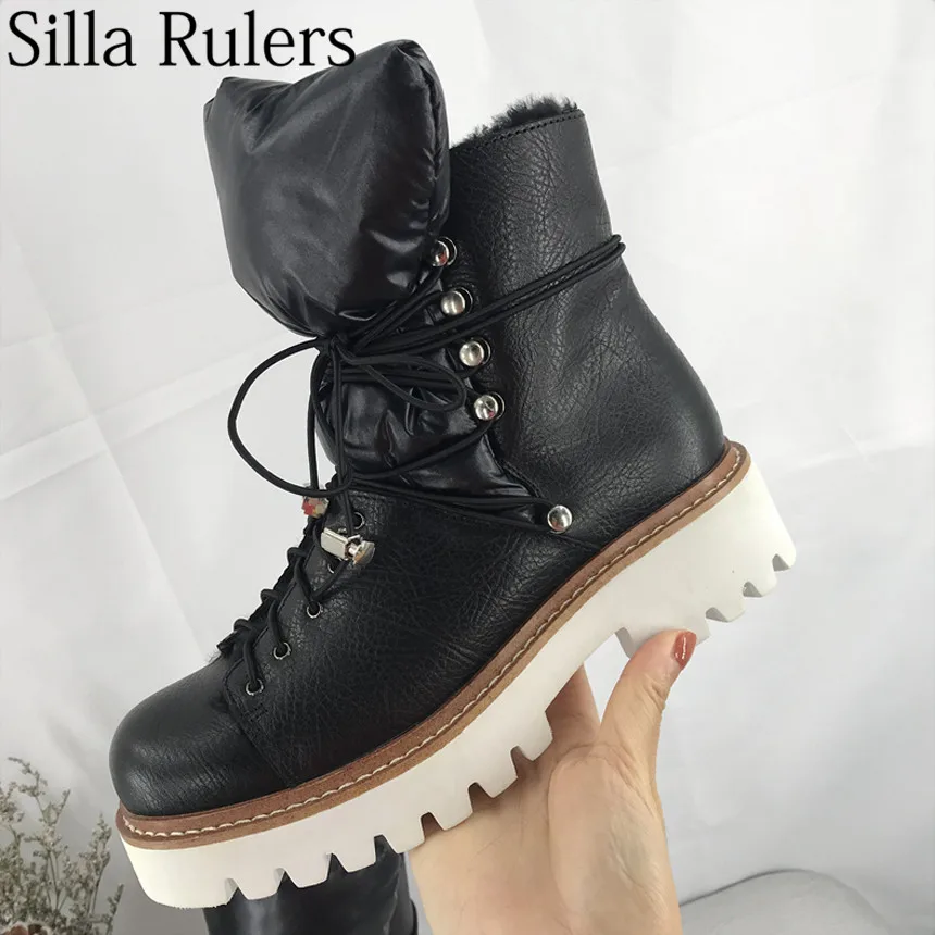 

Silla Rulers new winter thick bottom Fur and wool women's snow boots round toe lacu up ankle boots winter warm boots woman