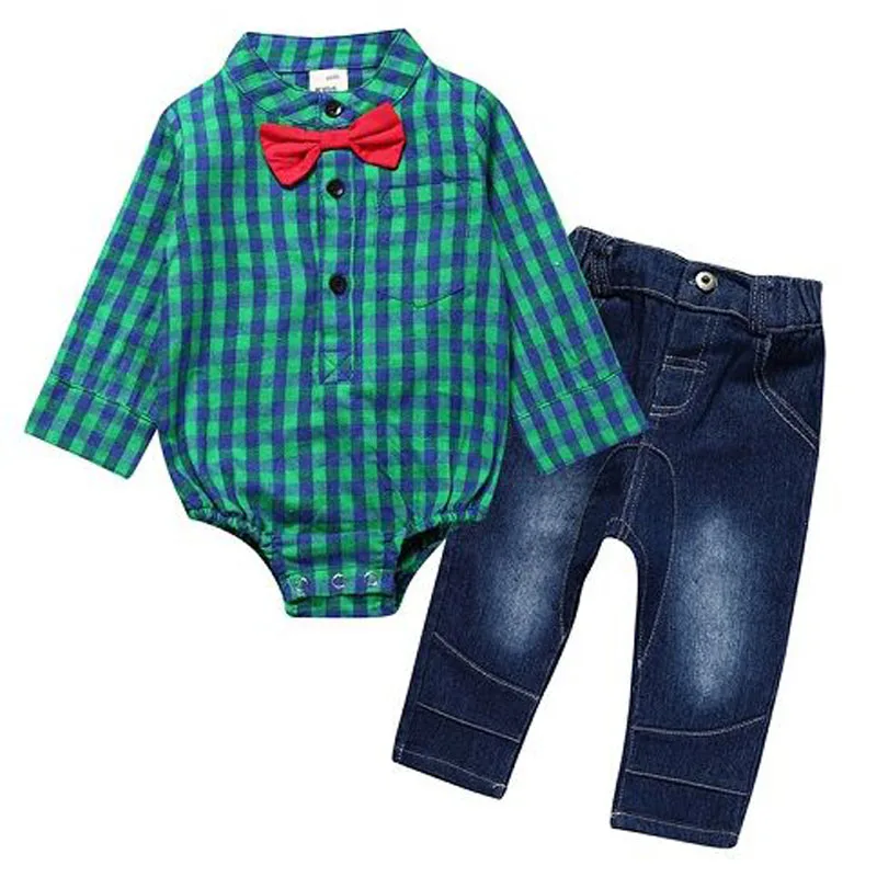 baby boy clothes 2018 Long sleeve rompers with tie+jeans pants clothing set for 0-3Y children gentleman clothes kids outfits set