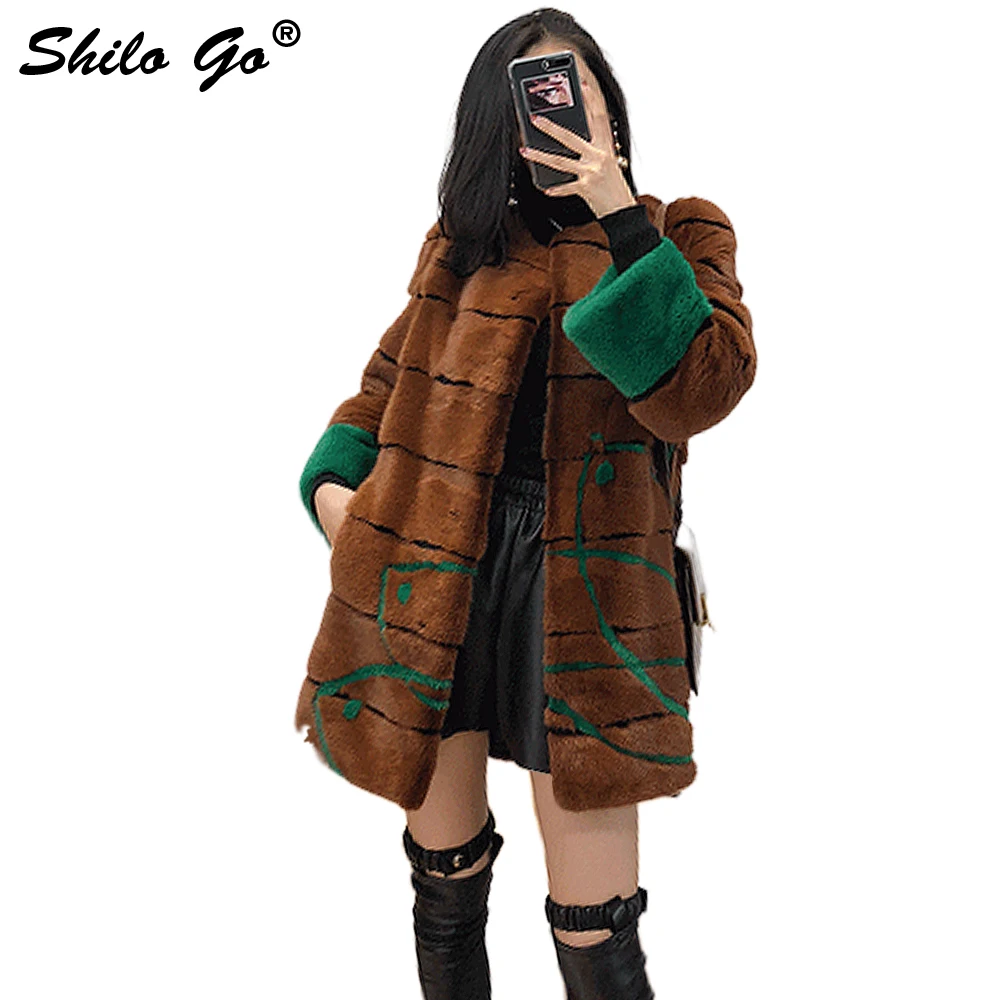 

SHILO GO Fur Coat Womens Winter Fashion whole real Mink Fur long coat O Neck long sleeve Green graffiti print Striped button
