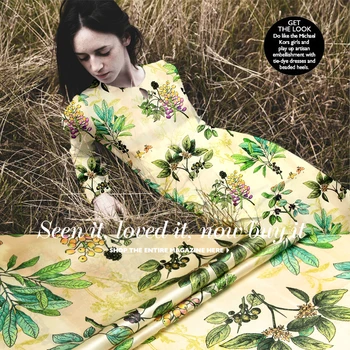 

118cm wide 19mm 93% silk & 7% spandex green leaves print yellow white silk satin fabric for dress shirt clothes