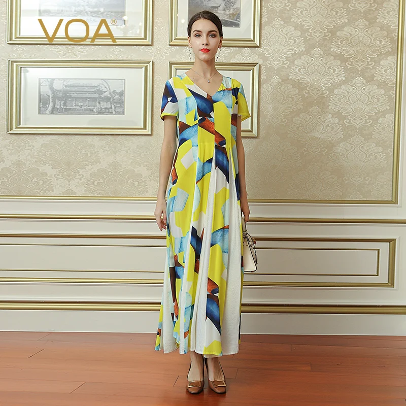

VOA 2018 Summer Silk Jacquard Goose Yellow Boho Long Slim Dress Short Sleeve V-neck Plus Size Women Maxi Umbrella Dress A7032