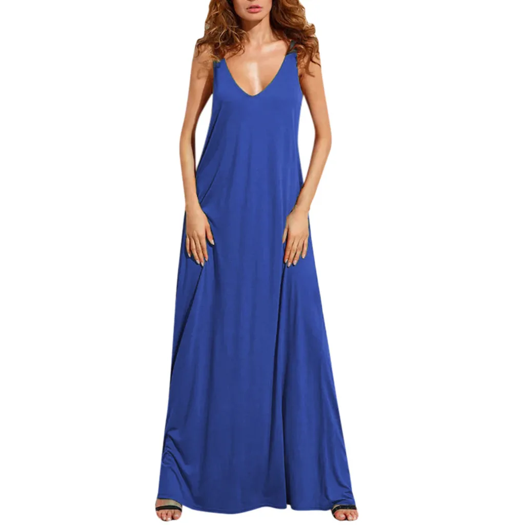 

Summer Women's Casual Sleeveless Deep V Neck Summer Beach Maxi Long Dress Loose Irregular Beach Party Dresses