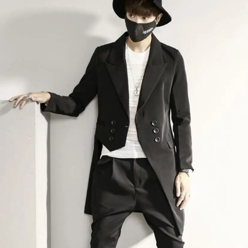 

Man asymmetric casual slim fit long blazer double breasted wedding party hip hop punk suit jacket nightclub singer stage costume