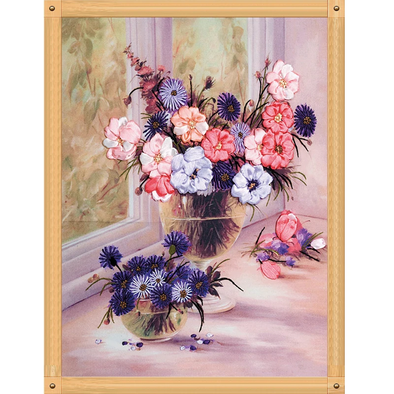 

NKF Flower Mood Chinese Cross Stitch Patterns Handcraft Needlework Embroidery Sets Ribbon Embroidery for Home Decoration