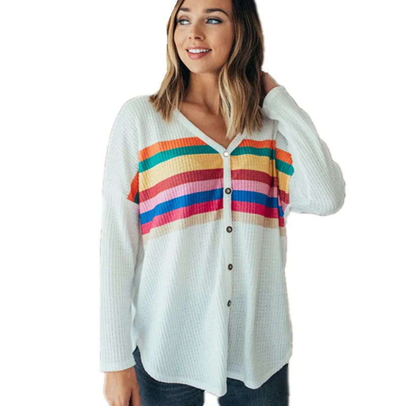 

Women Sweater 2019 Lace-Up V neck Long Sleeve Autumn Striped Print Pullover Casual Loose Single Breasted Button Knitted Sweaters