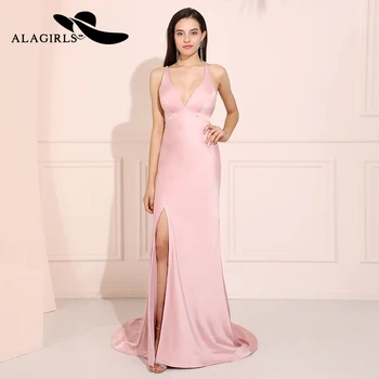

Alagirls Lovely Pink Prom Dresses Mermaid V-Neck Backless Evening Dress Vestido de fiesta Formal Party Dress Vestido de noche