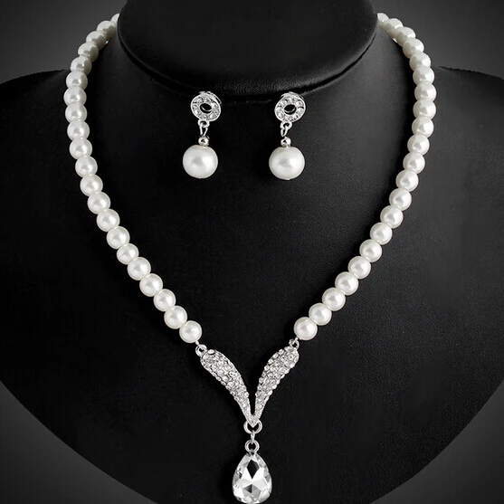 

419 Newest Women Wedding Party Jewerly Set Noble Graceful luxury Crystal Simulated Pearl Necklace Earrings Set N4351