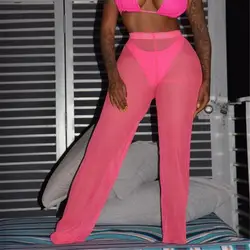 Сексуальные одноцветные женские пляжные перспективные сетчатые оборки прозрачные широкие брюки бикини брюки купальный костюм, купальник