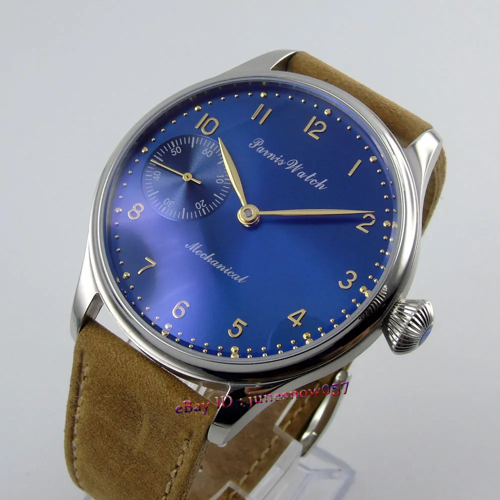 

Parnis 44mm Royal blue dial silver hands&marks khaki leather strap 17 jewels hand winding 6497 movement men's watch 395