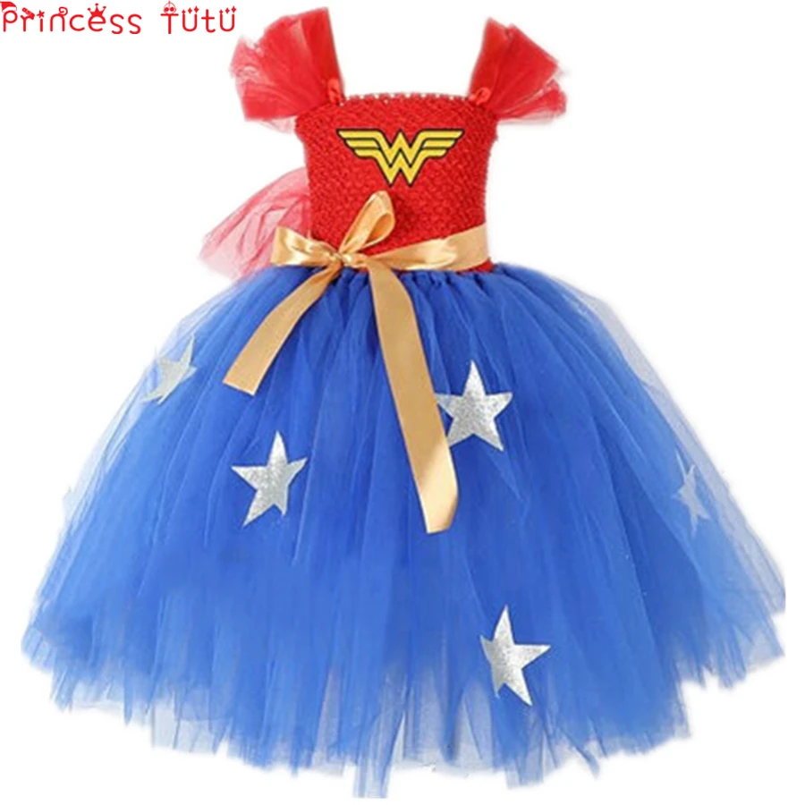 

Halloween Mid-Calf Superhero Costume Girl Tutu Dress Super Girl Fancy Dress Red&Blue Baby Girl Birthday Party Outfit Costume