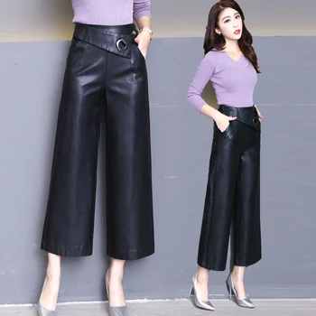 

Winter Fall Fashion Womens Elastic High Waist Wide Leg Pu Leather Ankle Length Pants , Female Woman 3xl Fleece Warm Trousers