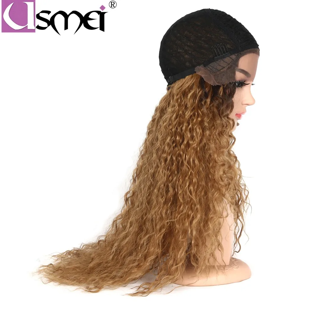 USMEI Afro Kinky Вьющиеся 130% плотность Длинные Синтетические волосы на кружеве парик для афро-американских Для женщин парик черный, чтобы Золотой