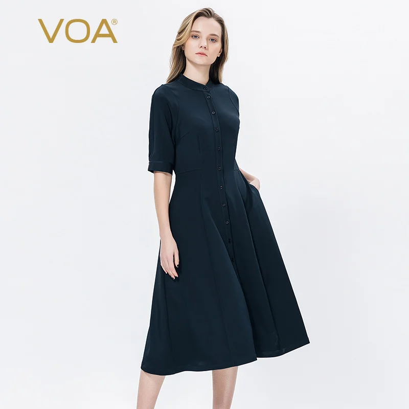 

VOA new silk shirt dress stand collar fight to receive waist temperament simple and comfortable dress A10256