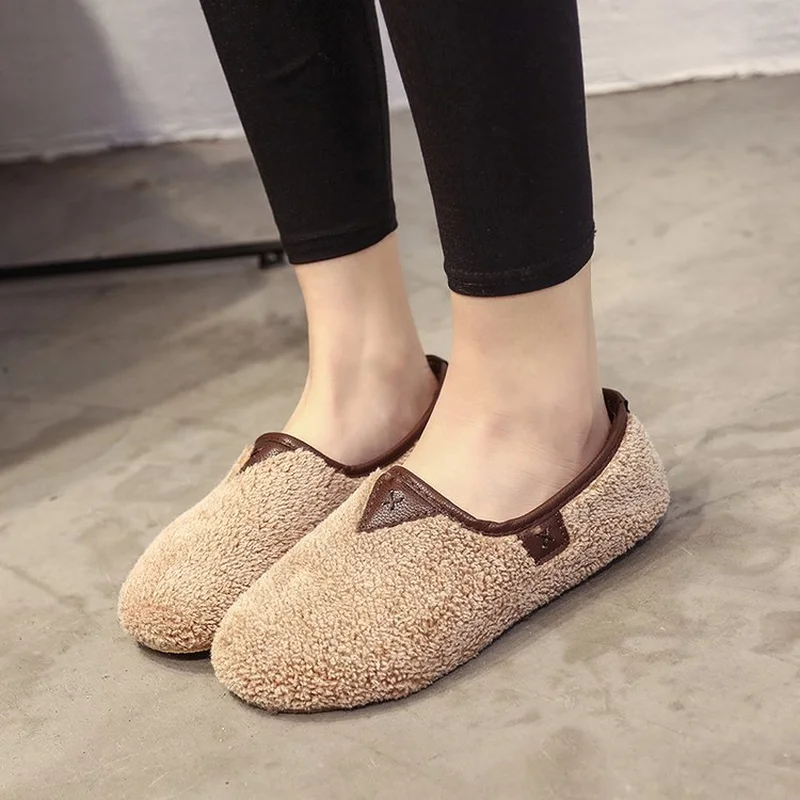 

2018 Womens Shoes Flats Home Cotton Shoes Ladies Slip-on Flock Autumn Winter Soft Breathable Low-cut Solid Color Plush Plus Size