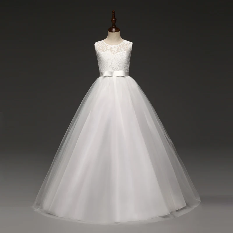 От 5 до 14 лет, детское платье для девочек на свадьбу, фатиновое кружевное длинное платье для девочек элегантное праздничное платье принцессы, торжественное платье для детей-подростков - Цвет: White