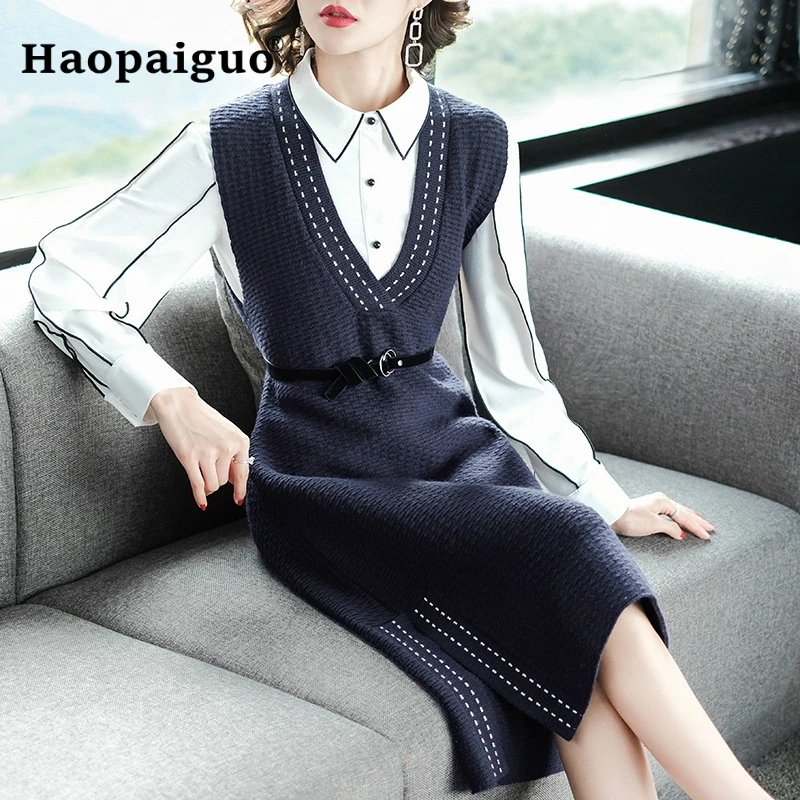 

Plus Size 2 Piece Set Women Winter Blue White Shirt Blouse and Elegant Casual Wrap Bandage Office Dress Women Work Two Piece Set