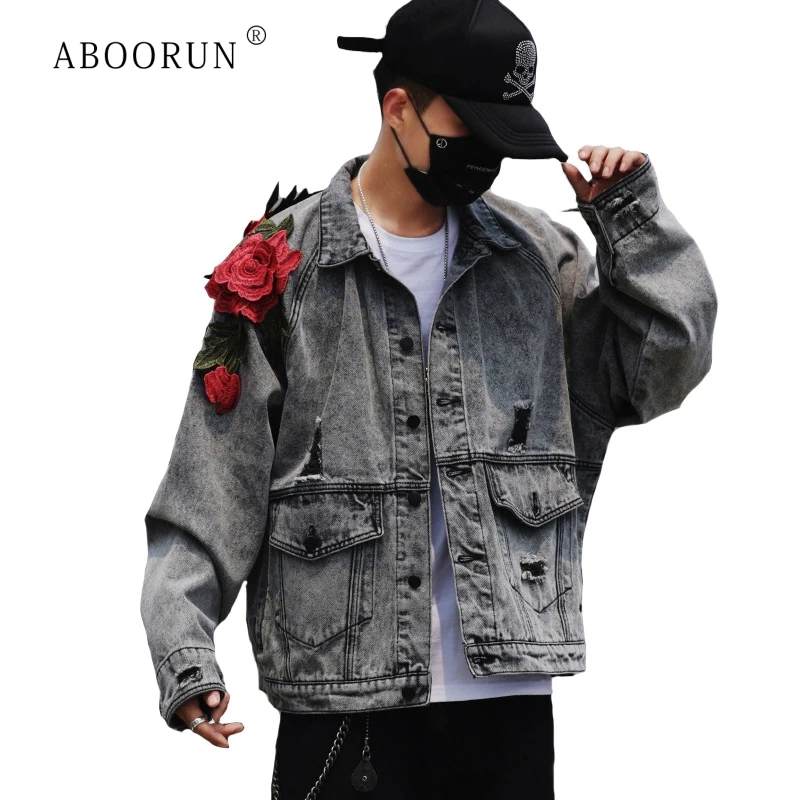 

ABOORUN Rose Embroidery Denim Jacket Men's Retro Ripped Jeans Jacket Hip Hop Jacket for Male R1450