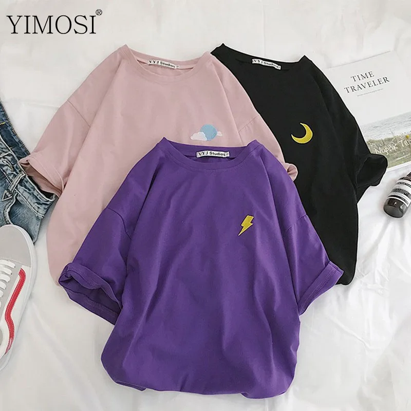 

Summer Harajuku T shirt Women Casual Short Sleeve Vintage Embroidered T shirt korean Cotton Cloud Lightning Tops