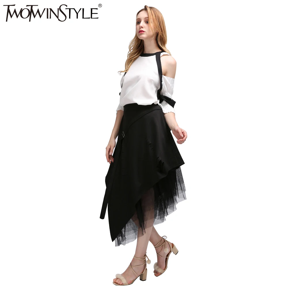 Mujeres Camisa Coreana White Falda Las Blusas Verano Gasa Sexy La Twotwinstyle Ropa Hombro Tops De Manga Moda RU7wg