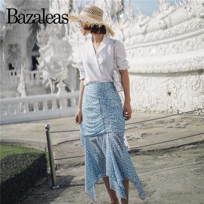 Bazaleas, Синяя Женская юбка с цветочным принтом и высокой талией, Повседневная модная юбка русалки, винтажная юбка миди с рюшами, Прямая поставка