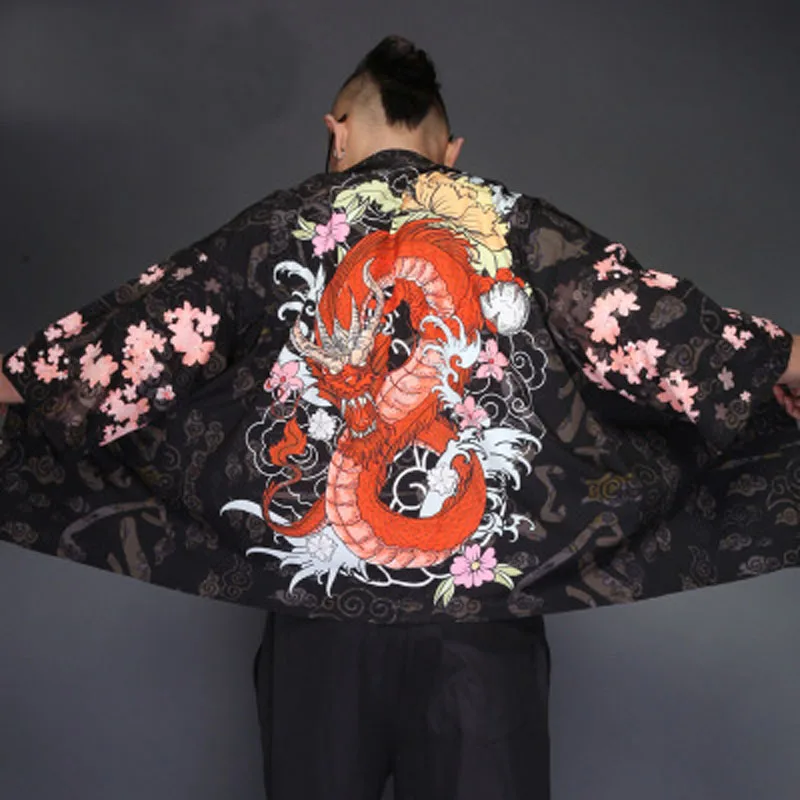 Кимоно с драконом куртка мужская Японская уличная Кимоно Кардиган Куртка мужская черная ветровка мужские куртки пальто лето