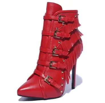

Women pointed toe high heel ankle boots Ladies fringe and buckle decorated thin heel short boots Fashion winter short boots