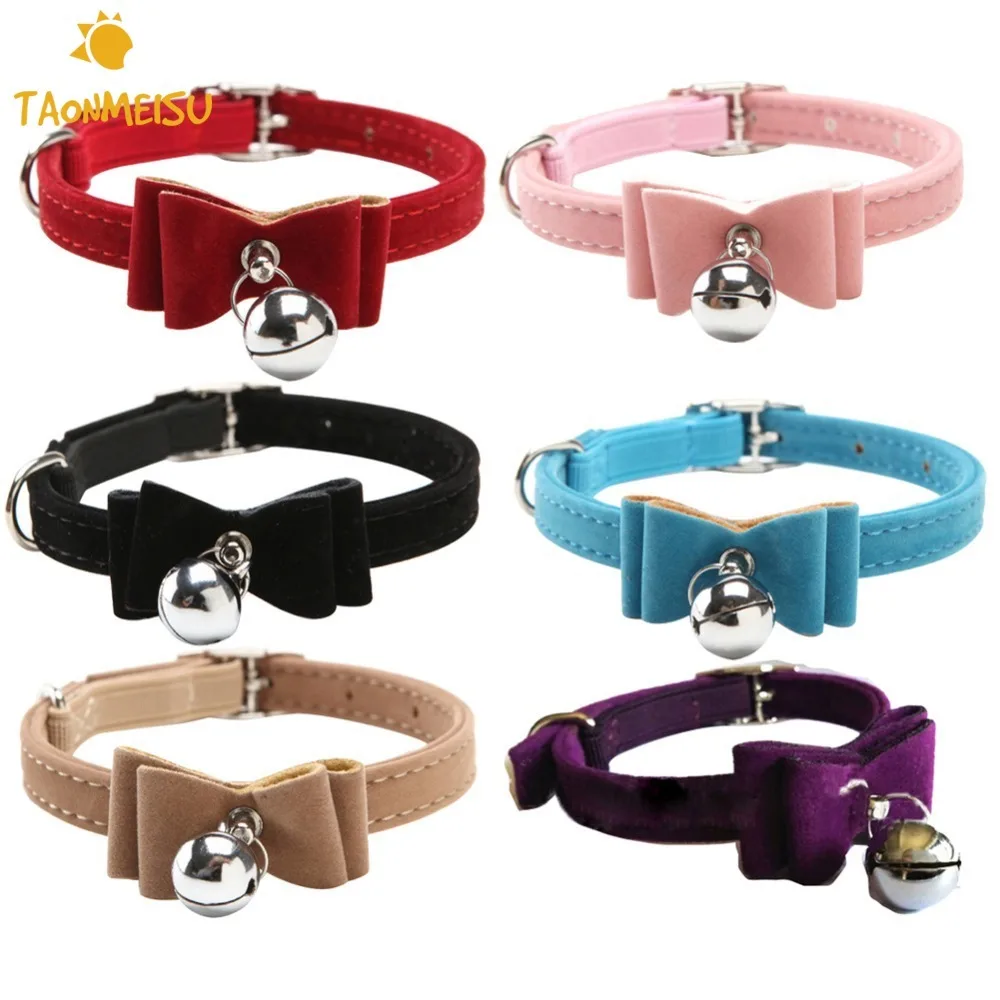 Quick release dot & cat collar kitten velvet bow tie safety elastic free post 6 colours bowtie with bell 2016 pet supplier