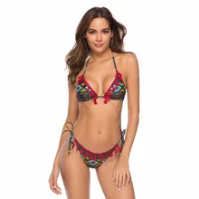 Sexy Tassel Bordered Bikini Women Swimsuit Geometric Print Bathing Suit S-XL Girl Backless Halter Swimwear String Bikini Set string striped bikini set with tassel