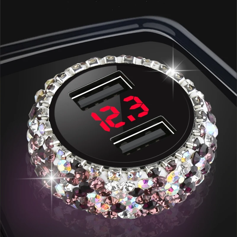 

bling LED display car charger crystal dual usb car-charger with safety hammer for Xiaomi iPhone Samsung iPad DVR GPS