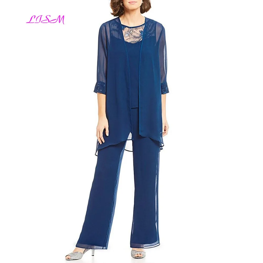 

Women's 3-Pieces Pant Set Mother of the Bride Dress Chiffon Embroidered Mock Dress Plus Size Elegant Long Evening Formal Gowns