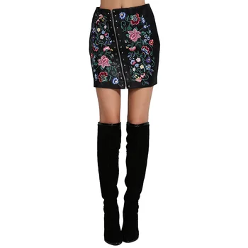 

Euro Style Embroidered Floral Faux Leather Women Skirt Rivets Asymmetric Zipper Mini Sexy PU hot sexy skirts