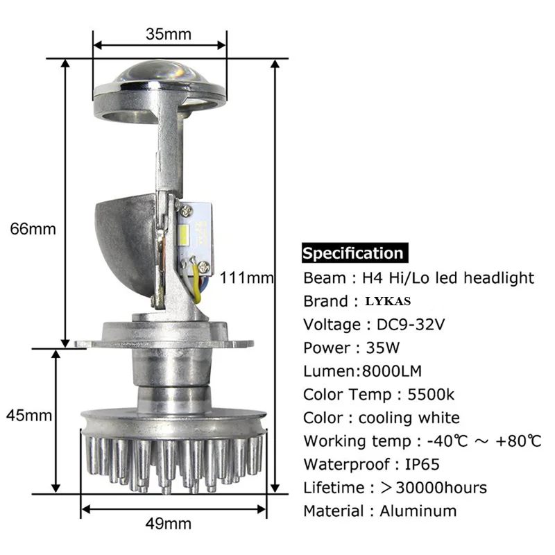 LYKAS H4, Би-светодиодный объектив проектора, светодиодный комплект для преобразования фар дальнего и ближнего света, 5500 K, белый, 12 В, 24 В