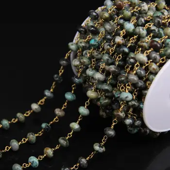 

5x8mm Green Africa Turquoises Rondelle Copper Chain,Brass Wire Wrapped Link Natural Gems Bead Rosary Chain DIY Jewelry