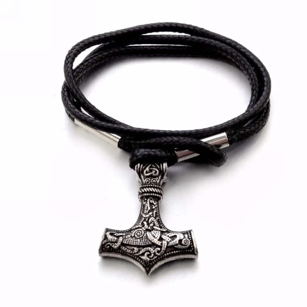 Vintage Norse Viking Thor's Hammer Amulet Leather Bracelet Mens Jewelry