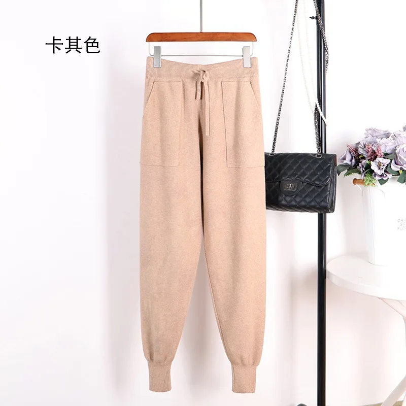 

girl pant With elastic waist haroun women long pants female leisure sports show thin knitting feet pocket with loose 5 color