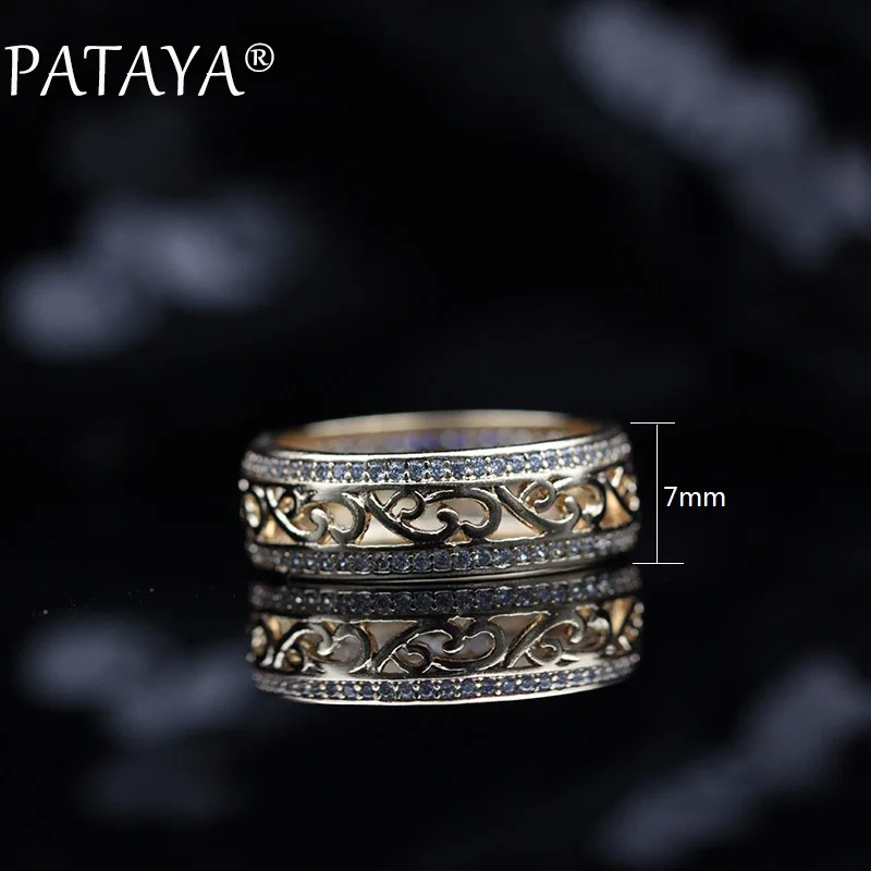 PATAYA New Arrivals 585 Rose Gold Double Row Micro-wax Inlay Natural Zircon Hollow Rings Women Wedding Party Trendy Fine Jewelry