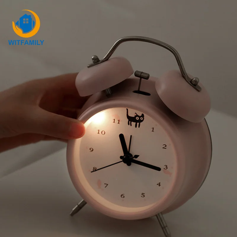 Retro Portable Mini Cartoon Alarm Clock Metal Round Night light Desktop Clock Number Double Bell Table Digital Clock Home Decor