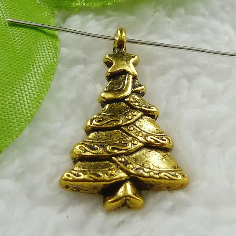 136 pieces antique gold Christmas tree charms 28x18mm 945tree charm