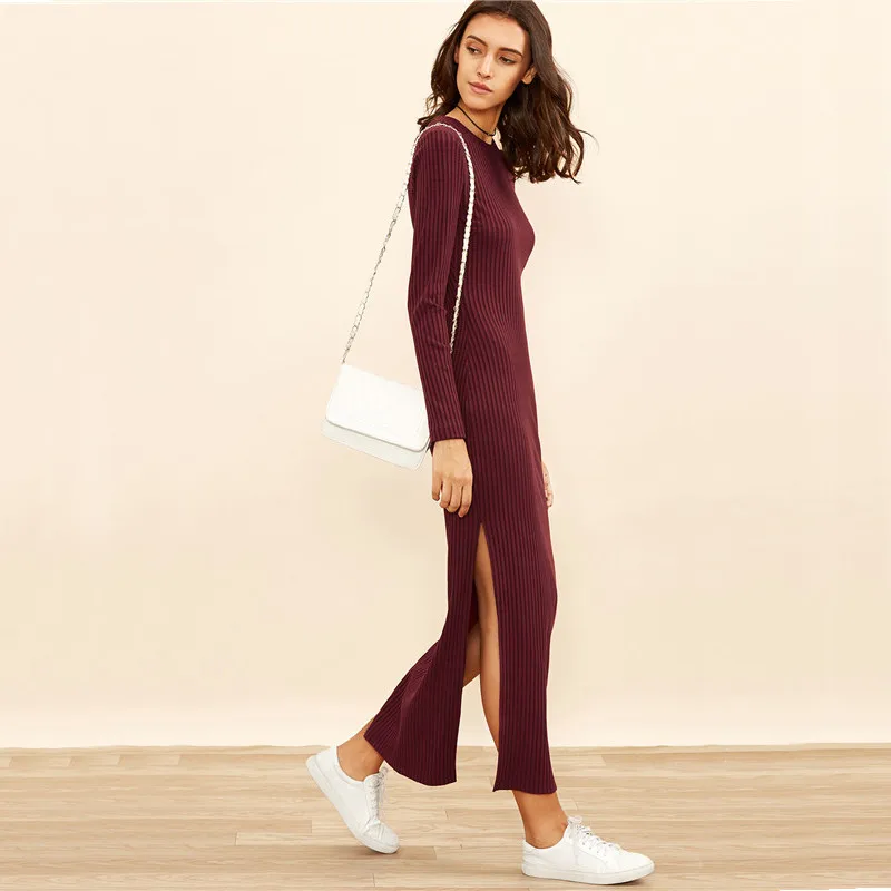 Burgundy Knitted Long Sleeve High Slit Ribbed Dress