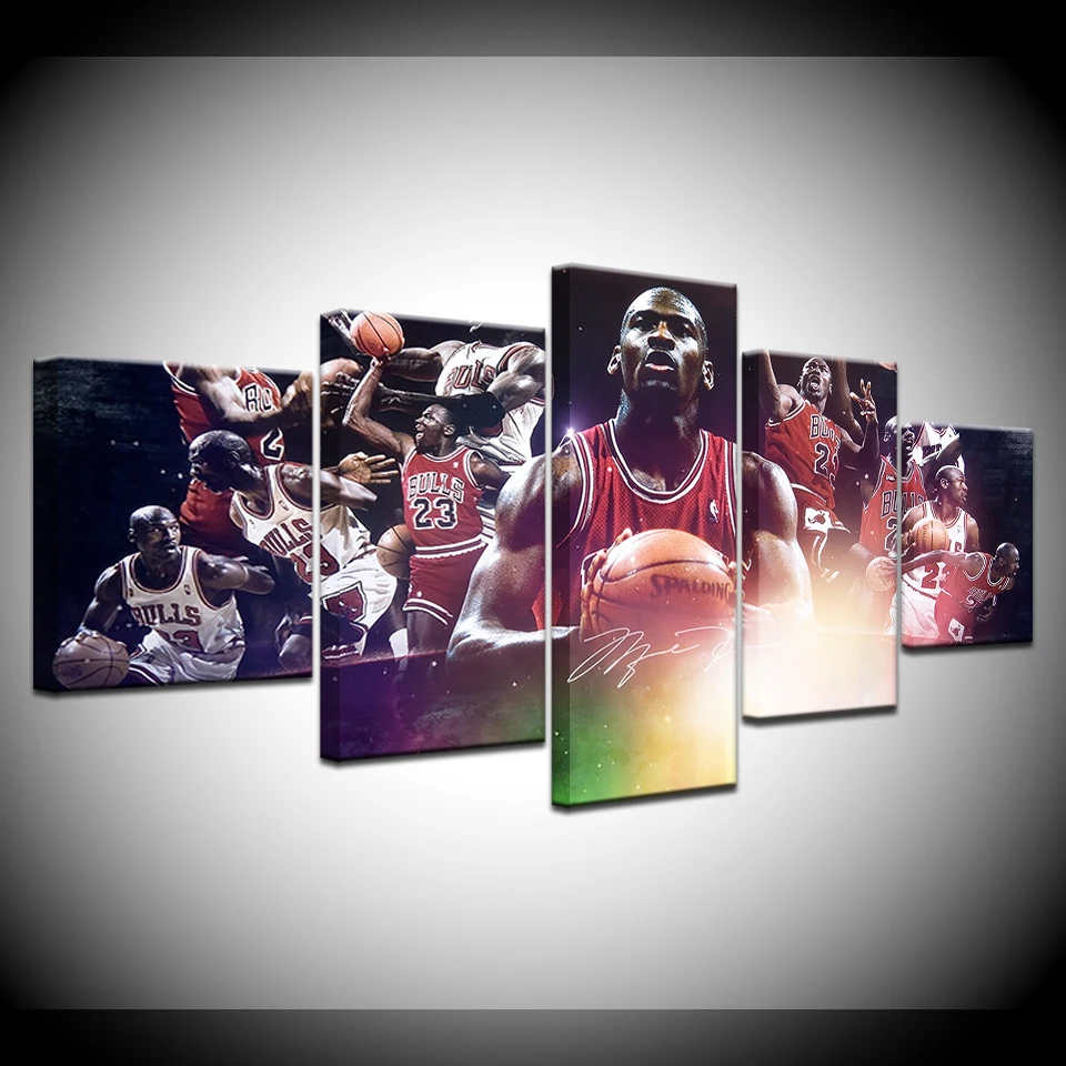 Баскетбольная звезда Майкл Джордан HD Холст Картина 5 панель картина стены Искусство Плакат для гостиной украшение дома рамка произведение искусства