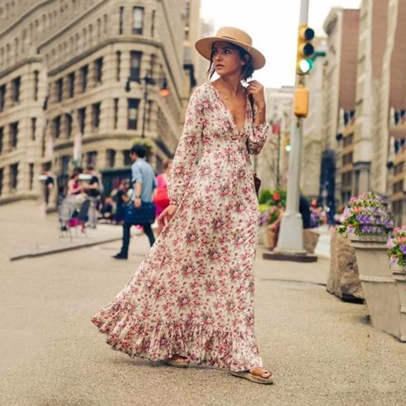 Bohemian Printed long Dress Women Floral Maxi Dresses Hippe Deep V-Neck Ruffle Chic Boho Clothing Rome Femme2019 | Женская одежда