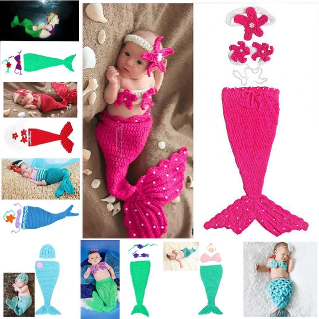 Bh8 promoção tiara de sereia para meninas, bebês recém-nascidos, tiara de  malha de crochê + top + cauda, roupa fotográfica, fantasia, desenho animado  - AliExpress
