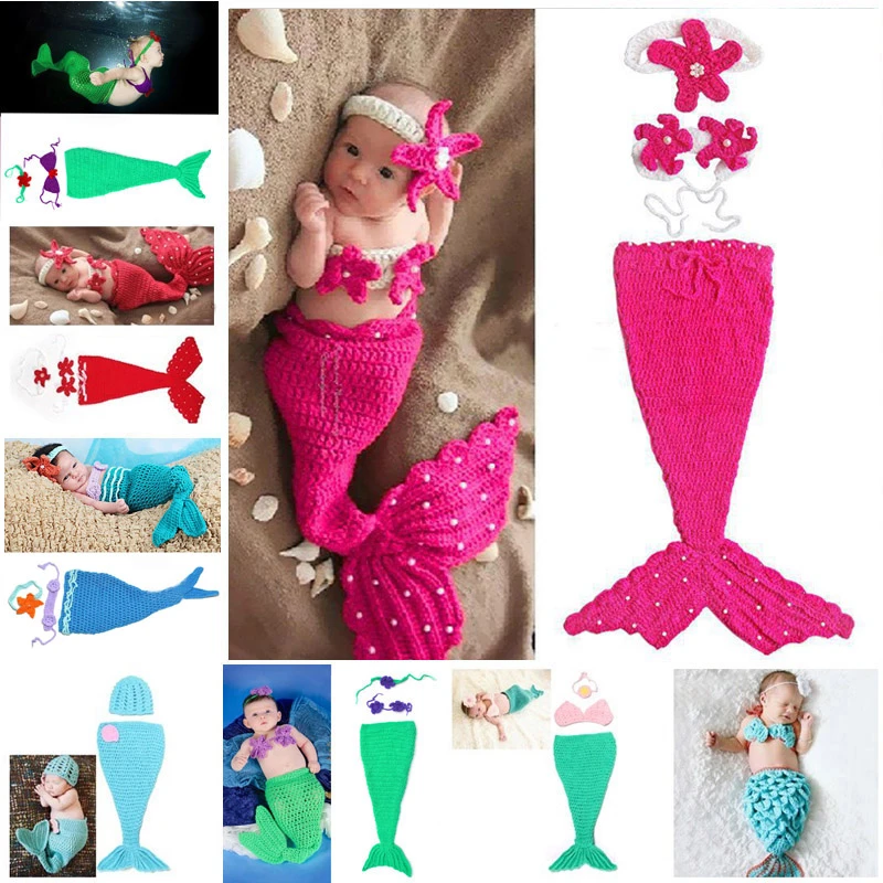 Costume De Sirene En Crochet Pour Bebe Accessoires Photo Pour Nouveau Ne Cocon En Perles Tricotees Avec Bandeaux A Fleurs Sg051 Aliexpress