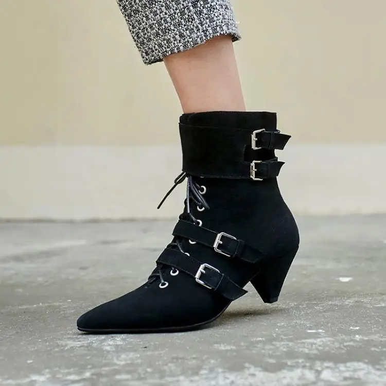 

Hot Brand Strange Style Heel Ankle Boots Side Zipper Women Shoes Metal Belt Buckle Women Boots Front Lace Up Short Booties Cool
