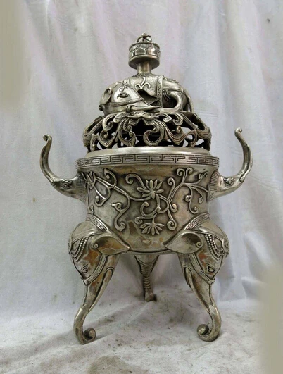 

B0601 51815" China silver finely six elephant decorative pattern incense burner censer statue