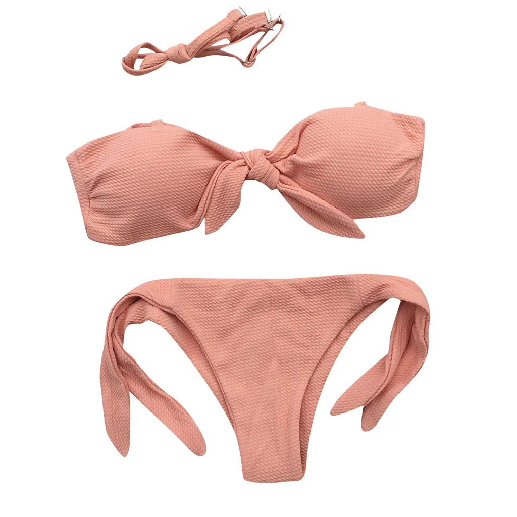 

Summer Women Solid Sexy Bikini Set Strapless strap Push-Up Padded Bow Swimwear Bow Swimsuit Beachwear Brazilian Bikini Set #NW