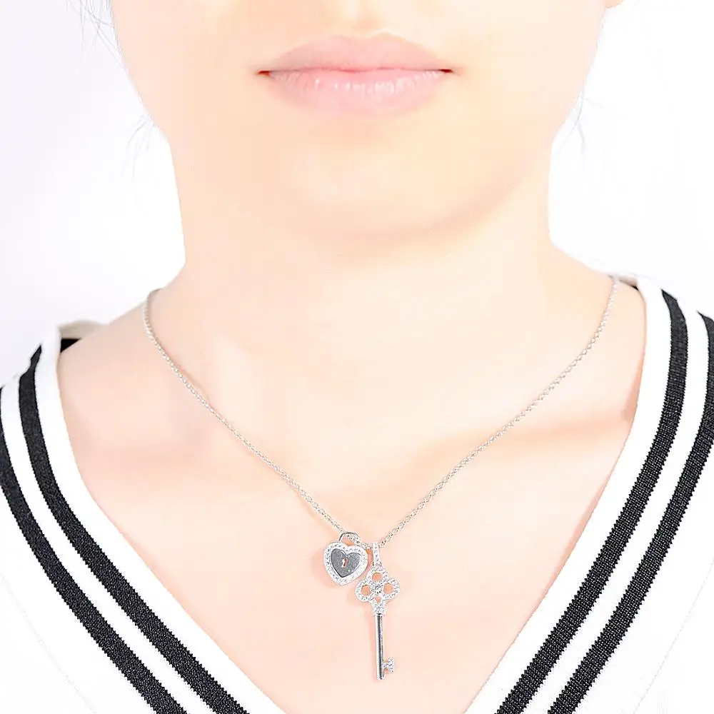 SANTUZZA 925 Sterling Silver Pendant for Women Fit for Necklace Key Heart Lock Romantic White Cubic Zirconia Trendy Fine Jewelry