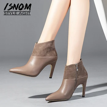 

ISNOM Kid Suede Women Ankle Boots Pointed Toe Zip Footwear High Heels Leather Female Boot Office Shoes Woman Winter 2018 New